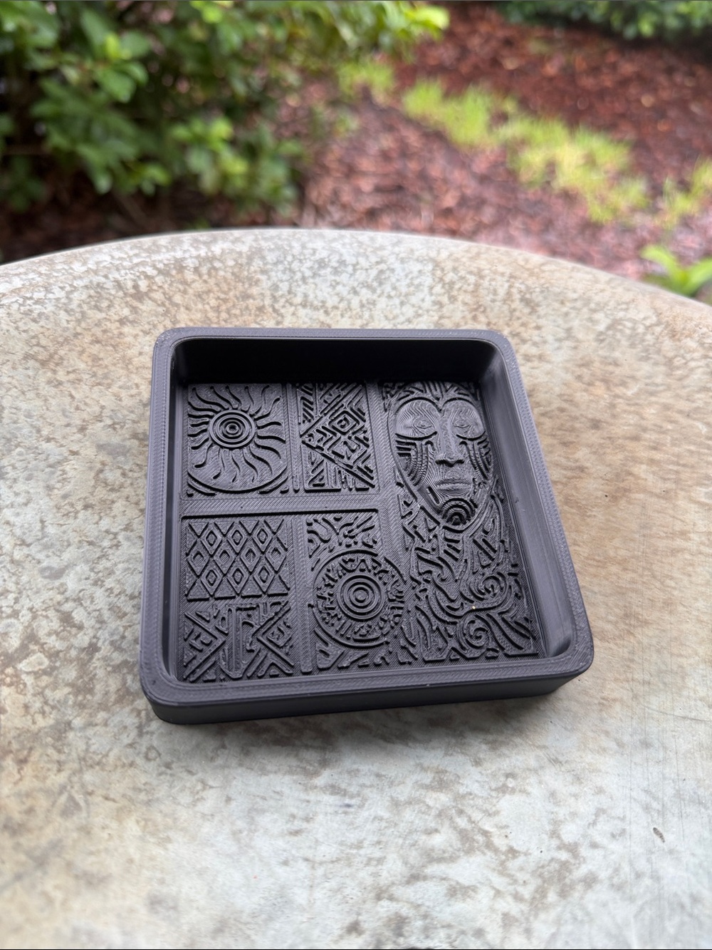 3D Printed Decorative Black Square Trinket Tray with Carved Pattern